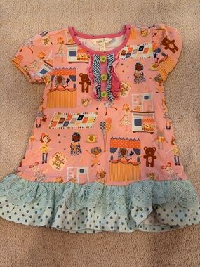 Matilda Jane Pink Market Print Tunic with Blue Polka Dot Ruffle